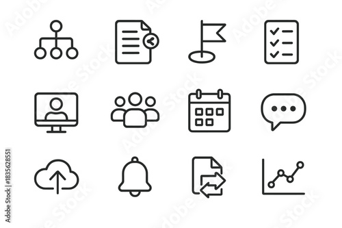 Project Collaboration Icons. Project Collaboration. Line icon set of Project Collaboration: project diagram, shared document, milestone, task list, video call,