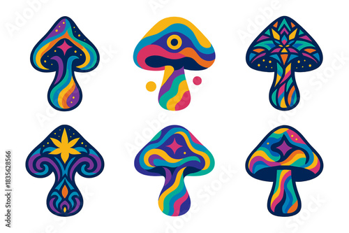 Psychedelic Cosmic Mushroom Logos. Psychedelic and trippy designs. Icon set. Set Logo of psychedelic: cosmic mushroom. harmonious logo variations of the same