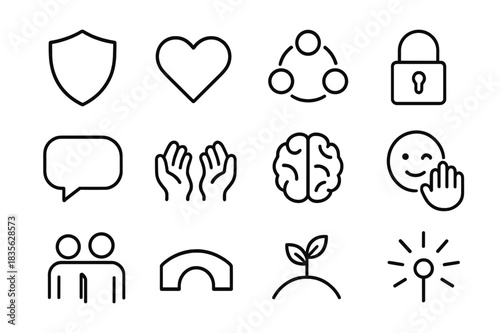 Psychological Safety Icons. Psychological safety. Line icon set of psychological safety: shield, heart, circle of people, lock, speech bubble, open hands,