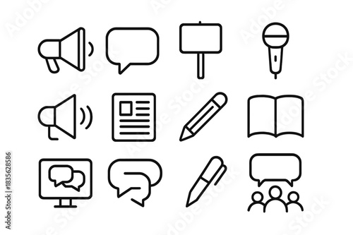 Public Voice Icons. Public Voice. Line icon set of Public Voice: megaphone, speech bubble, protest sign, microphone, loudspeaker, newspaper, pencil, open book,