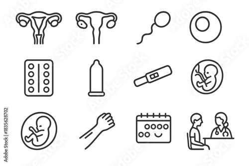 Reproductive Health Icons. Reproductive Health. Line icon set of Reproductive Health: uterus, ovary, sperm, egg, contraception pill, condom, pregnancy test,