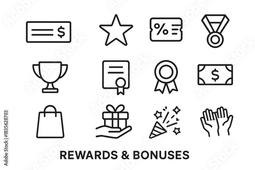 Rewards Icons Set. Rewards & Bonuses. Line icon set of Rewards & Bonuses: bonus check, gold star, gift voucher, medal, trophy, certificate, ribbon, cash prize,