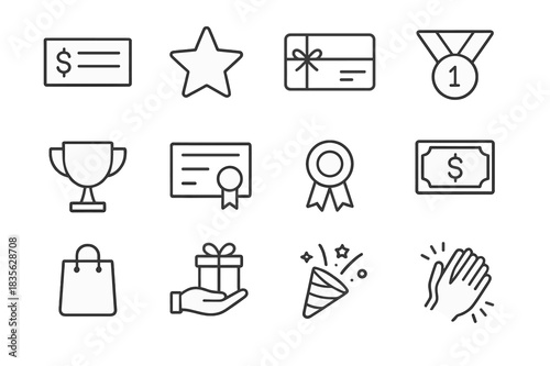 Rewards Icons Set. Rewards & Bonuses. Line icon set of Rewards & Bonuses: bonus check, gold star, gift voucher, medal, trophy, certificate, ribbon, cash prize,