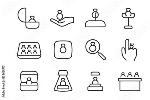 Ring Icon Collection. Ring display. Line icon set of ring display: open ring box, hand with ring, ring on pillow, jewelry stand, tray of rings, ring on