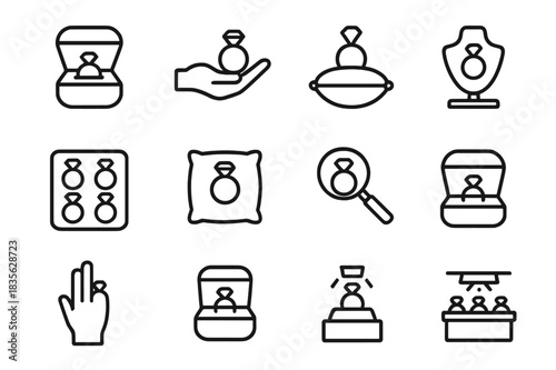 Ring Icon Collection. Ring display. Line icon set of ring display: open ring box, hand with ring, ring on pillow, jewelry stand, tray of rings, ring on