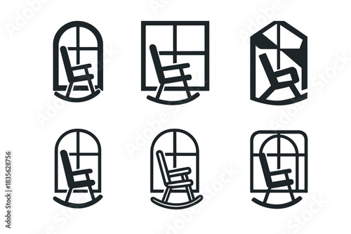 Rocking Chair Logos. Rocking chair by the window. Icon set. Set Logo of rocking chair: silhouette of chair and window. harmonious logo variations of the same