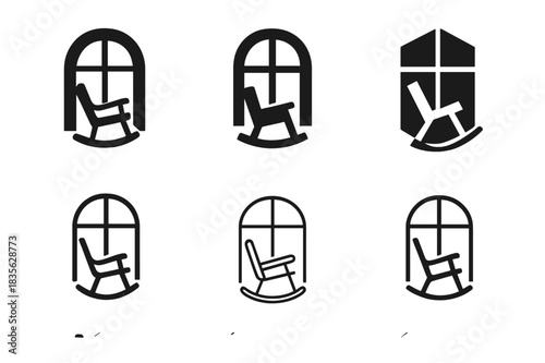 Rocking Chair Logos. Rocking chair by the window. Icon set. Set Logo of rocking chair: silhouette of chair and window. harmonious logo variations of the same
