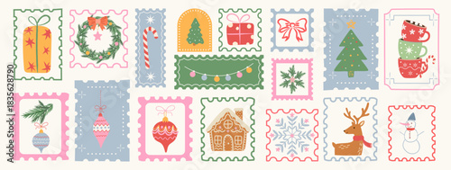 Set of Christmas hand drawn cute postage stamp elements in decorative frames. Christmas tree, gift boxes, candy cane, bows, baubles, snowflakes, gingerbread house, reindeer, cocoa mug and wreath. 