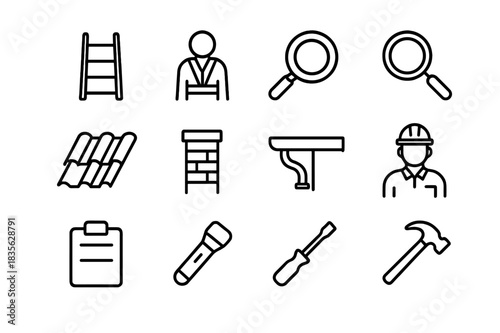 Roof Inspection Icons. Roof Inspections. Line icon set of Roof Inspections: ladder, safety harness, measuring tape, magnifying glass, roof tiles, chimney,
