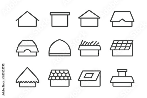Roof Icon Set. Roof. Line icon set of Roof: gable roof, flat roof, hip roof, shed roof, mansard roof, dome roof, green roof, solar panel roof, thatched roof,