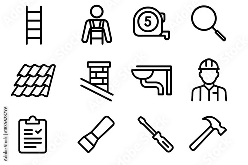 Roof Inspection Icons. Roof Inspections. Line icon set of Roof Inspections: ladder, safety harness, measuring tape, magnifying glass, roof tiles, chimney,