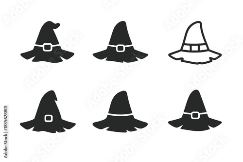 Scarecrow Hat Logos. Scarecrow Hat. Icon set. Set Logo of Scarecrow Hat: Tattered Brim. harmonious logo variations of the same emblematic concept (Stylized