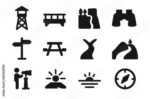 Scenic Viewpoint Icons. Scenic viewpoints. Solid icon set of Scenic viewpoints: lookout tower, observation deck, cliff edge, binoculars, trail sign, picnic