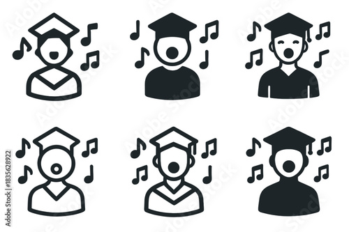 School Singing Logos. Singing for musical productions in schools. Icon set. Set Logo of singing for musical productions in schools: Student with music notes