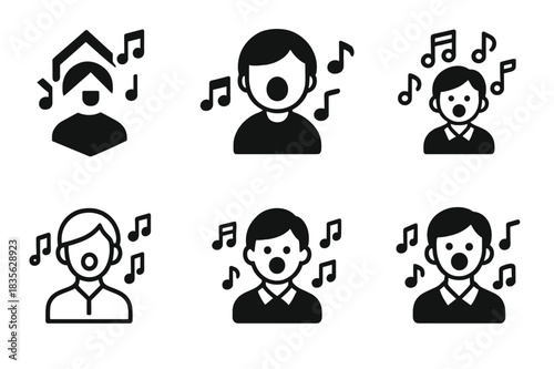 School Singing Logos. Singing for musical productions in schools. Icon set. Set Logo of singing for musical productions in schools: Student with music notes