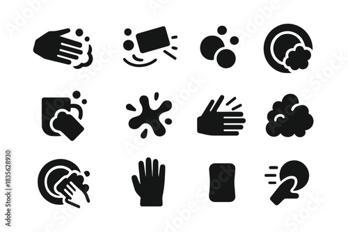 Scrubbing Action Icons. Scrubbing action. Solid icon set of Scrubbing action: hand scrubbing, sponge motion, bubbles, plate, cup, water splash, cleaning