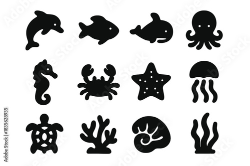 Sea Creature Icons. Sea Creatures. Solid icon set of dolphin, fish, whale, octopus, seahorse, crab, starfish, jellyfish, turtle, coral, shell, seaweed. Filled