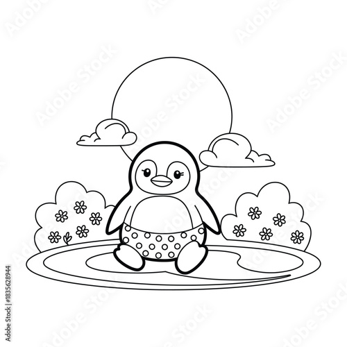 Cute penguin illustration wearing diaper sitting on ice floe in nature