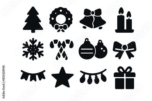 Seasonal Cheer Icons. Seasonal cheer. Solid icon set of seasonal cheer: Christmas tree, wreath, bells, candles, snowflakes, candy canes, ornaments, ribbons,