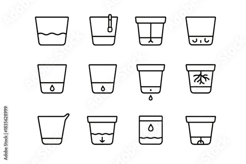 Self-Watering Pots Icons. Self-watering pots. Line icon set of self-watering pots: water reservoir, pot with indicator, wick system, double-layer