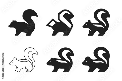 Skunk Logo Variations. Skunk. Icon set. Set Logo of Skunk: cartoon skunk side view. harmonious logo variations of the same emblematic concept, each with