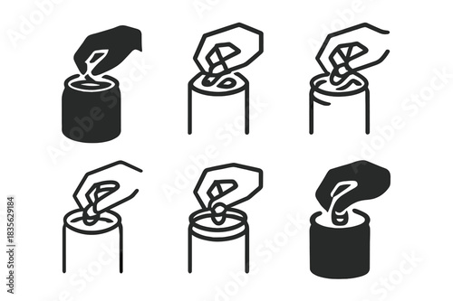 Soda Can Icons. soda can open. Icon set. Set Logo of soda can open: hand opening tab. harmonious logo variations of the same emblematic concept, each with