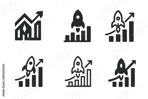 Startup Logo Variations. Startups. Icon set. Set Logo of startups: graph with rocket. harmonious logo variations of the same emblematic concept, each with
