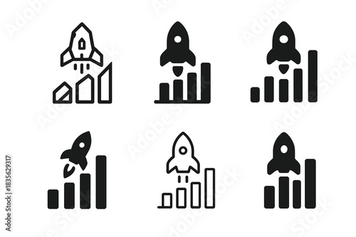 Startup Logo Variations. Startups. Icon set. Set Logo of startups: graph with rocket. harmonious logo variations of the same emblematic concept, each with