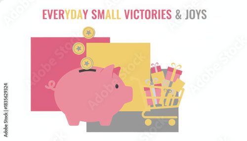 Everyday small victories and joys concept. Vector illustration of a piggy bank for saving money and a shopping cart for rewards. Flat design for personal finance themes.