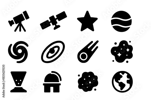 Stellar Icon Set. Stellar Observation. Solid icon set of telescope, satellite, star, planet, galaxy, orbit, comet, nebula, light beam, observatory, cosmic