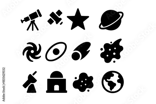 Stellar Icon Set. Stellar Observation. Solid icon set of telescope, satellite, star, planet, galaxy, orbit, comet, nebula, light beam, observatory, cosmic