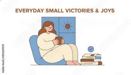 A woman relaxing in a chair celebrating small victories. Mindfulness and self-care concept in a flat design vector illustration