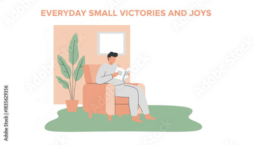 A person reading a book in an armchair. Concept of relaxation, self-care, and enjoying simple everyday joys. Flat design vector illustration