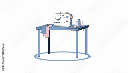Minimalist illustration of a sewing machine on a table. Crafting, tailoring, and hobby concept. Simple line art vector graphic