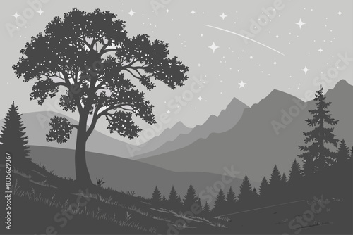 Minimalist galaxy landscape with mountains and stars