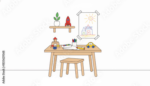 Child's creative corner with a desk, toys, and art supplies. Minimalist flat vector illustration of a playroom interior. Concept for early education and childhood development
