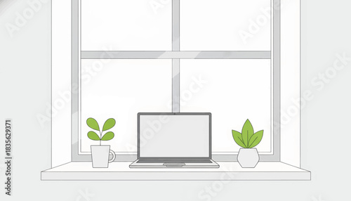 Minimalist home office illustration with a laptop on a windowsill. Remote work and freelance concept. Clean line art vector graphic with copy space