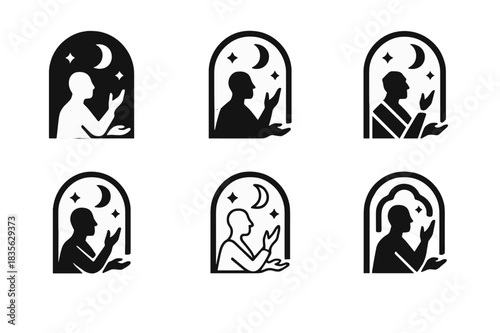 Storytelling Icon Variations. Cultural storytelling nights. Icon set. Set Logo of storytelling nights: storyteller silhouette with gestures. harmonious logo