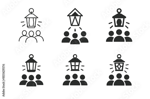 Storytelling Logo Variations. Cultural storytelling nights. Icon set. Set Logo of storytelling nights: lanterns illuminating audience. harmonious