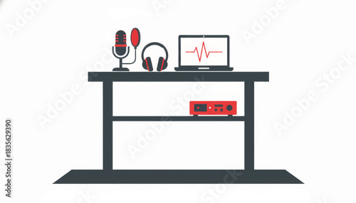 Podcast and home recording studio equipment. Minimalist flat design vector illustration. Broadcasting and streaming concept with microphone and laptop