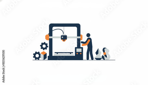 A minimalist illustration of a person operating a 3D printer. Additive manufacturing and rapid prototyping technology concept. Flat design vector graphic