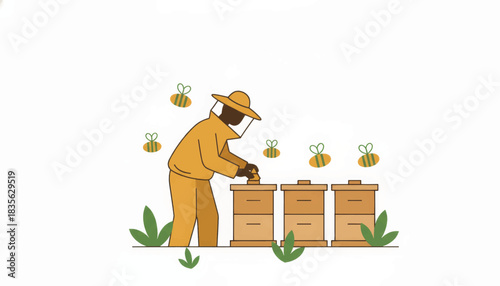 Beekeeper working at an apiary with beehives. Minimalist flat vector illustration of apiculture and local farming. Honey production concept isolated on white background