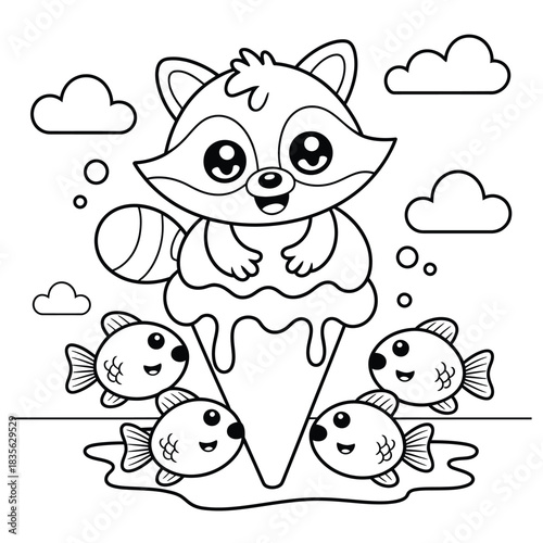 Cute raccoon ice cream coloring page for kids book design