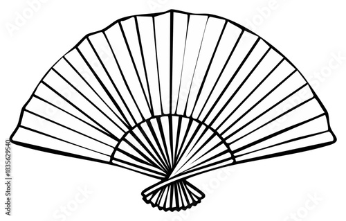Elegant vector illustration of a traditional hand fan, with a black outline design, elegant open fan detail.