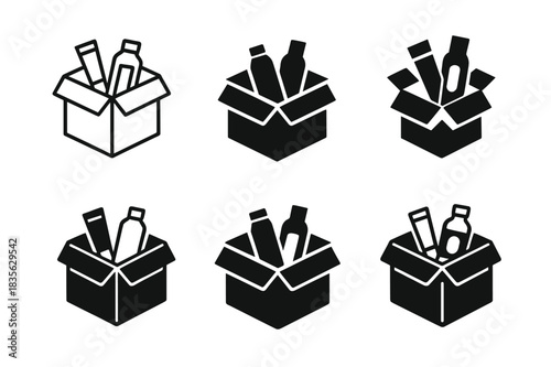 Subscription Box Logos. Subscription boxes. Icon set. Set Logo of subscription boxes: open delivery box with items. harmonious logo variations of the same