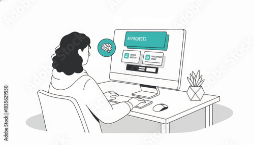 A person working on AI projects on a computer. Minimalist line art illustration of software development and UI design. Vector graphic for technology concepts