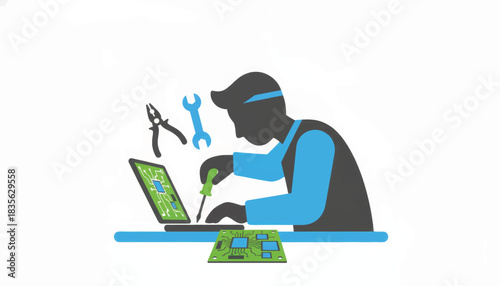 Technician repairing a laptop computer. IT support and electronics maintenance service concept. Flat design vector illustration isolated on a white background
