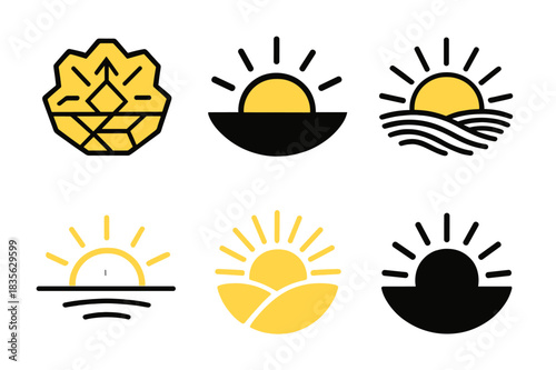 Sunrise Logo Variations. Birth. Icon set. Set Logo of Birth: sunrise representing new life. harmonious logo variations of the same emblematic concept, each