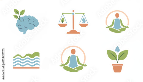 Mental health and wellness icon set. Flat vector symbols for balance, meditation, and growth. Simple graphic elements isolated on a white background