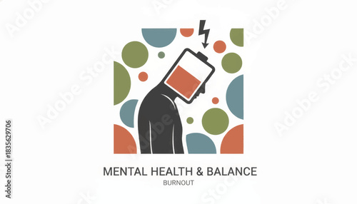 Vector illustration of burnout and mental health. A tired person with a low battery head symbolizes exhaustion. Work-life balance and stress concept